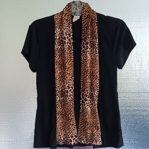 Double Take Petites Vintage Womens PM Black Leopard Tee Lined Cardigan.